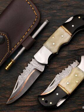 Handmade Copper Damascus Folding Knife Camel Bone Handle, Leather Sheath
